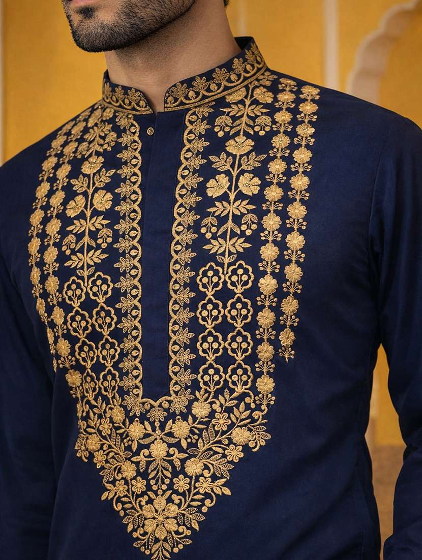 men solid with work mandarin neck long kurta - 22442824 -  Standard Image - 1