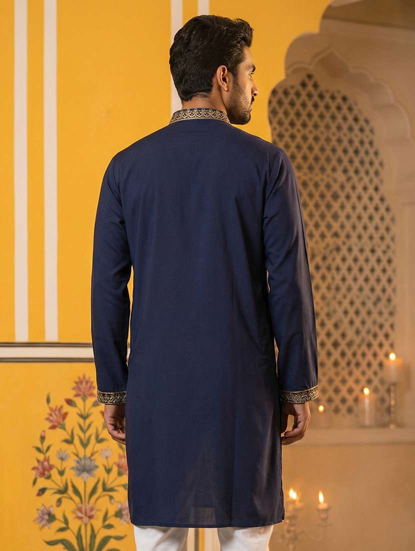 men solid with work mandarin neck long kurta - 22442824 -  Standard Image - 4