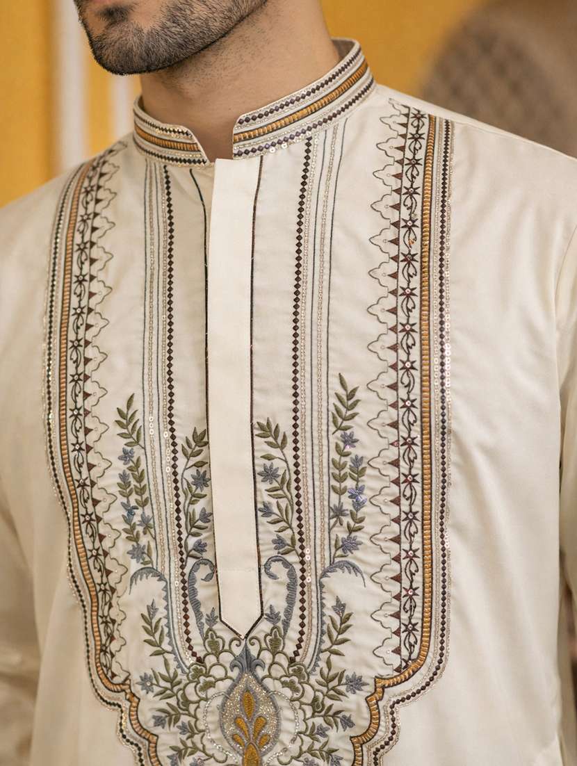 men solid with work mandarin neck long kurta - 22442834 -  Standard Image - 1