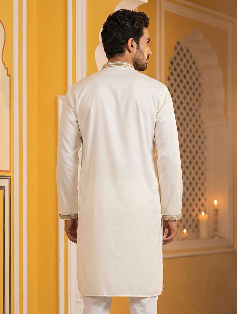 men solid with work mandarin neck long kurta - 22442834 -  Standard Image - 4