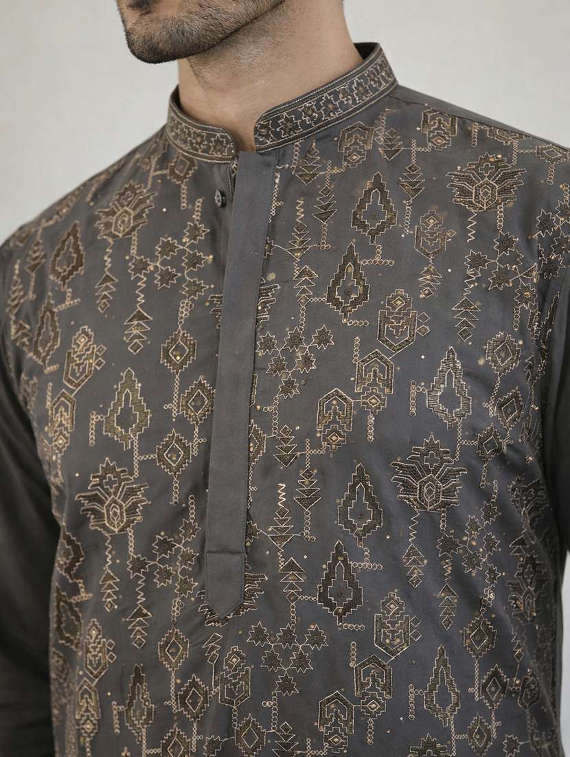 men solid with work mandarin neck long kurta - 22442849 -  Standard Image - 1