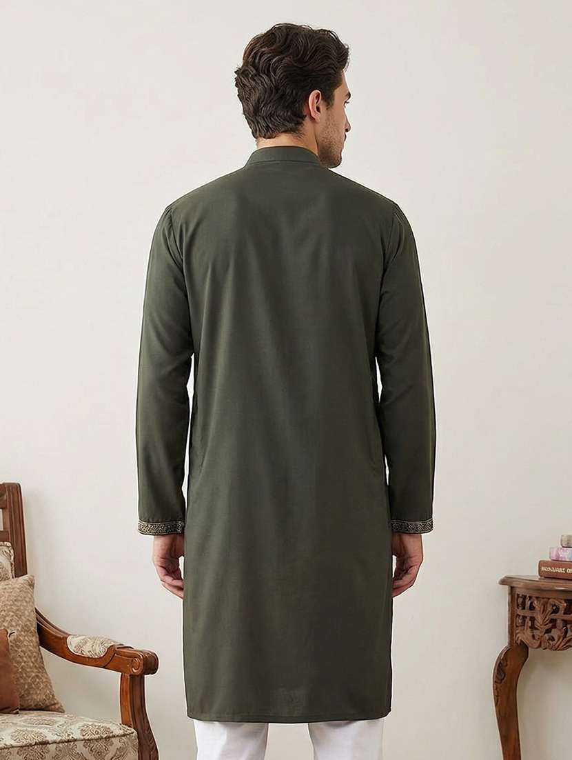 men solid with work mandarin neck long kurta - 22442849 -  Standard Image - 4