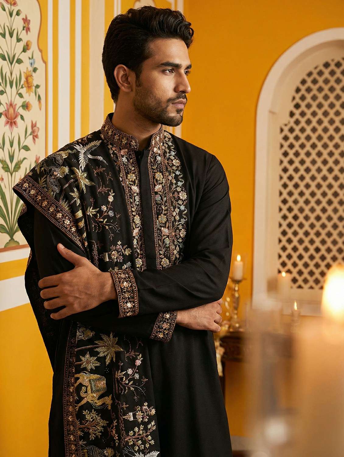 men solid with work mandarin neck long kurta - 22442871 -  Standard Image - 1