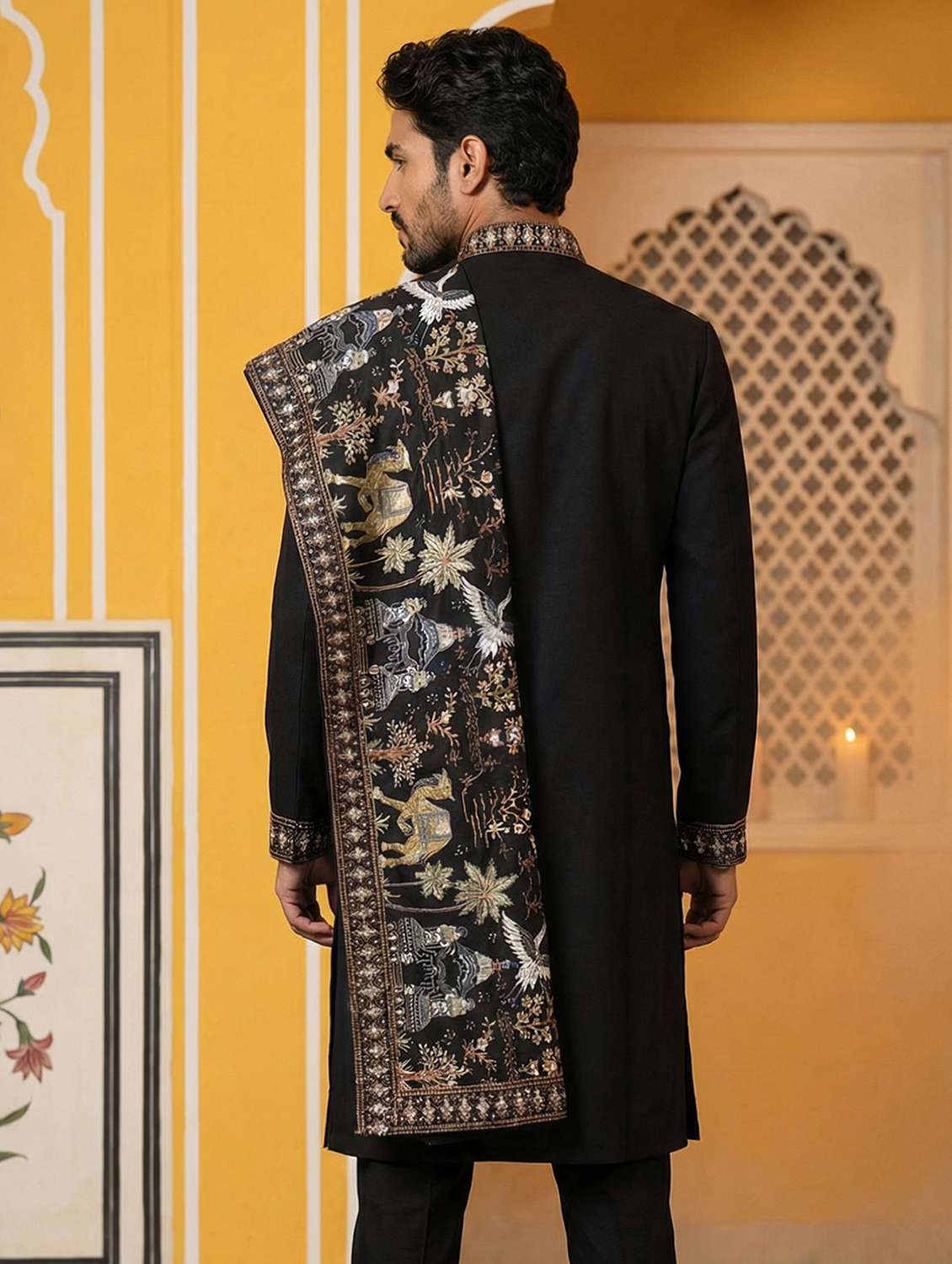 men solid with work mandarin neck long kurta - 22442871 -  Standard Image - 4