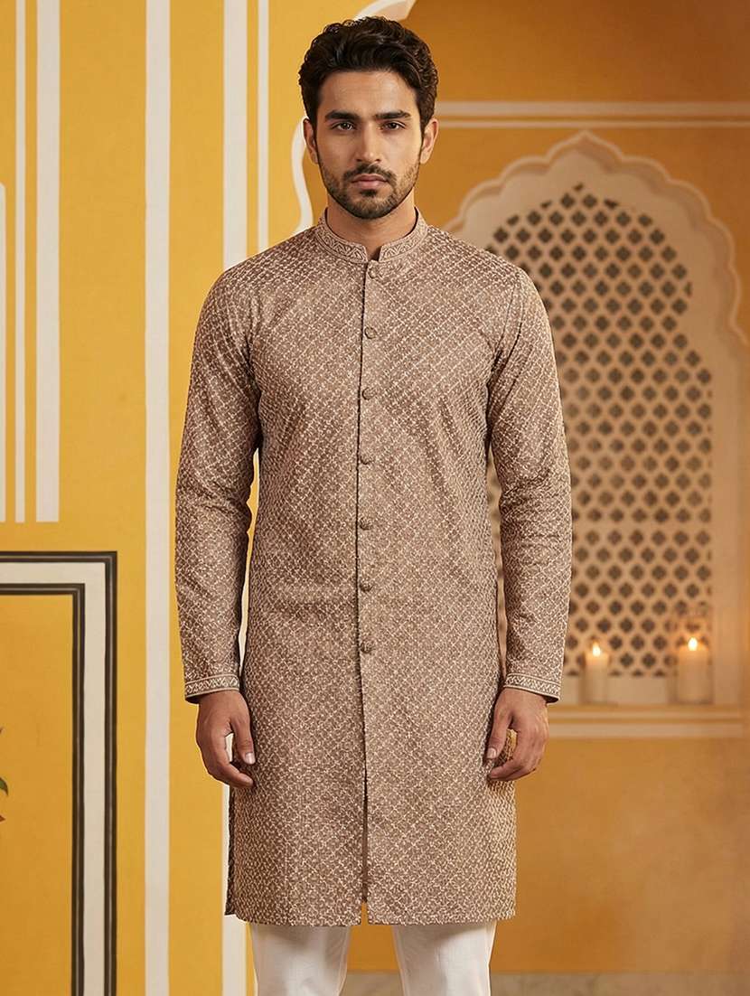 men solid with work mandarin neck long kurta - 22442872 -  Standard Image - 1