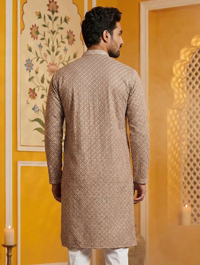 men solid with work mandarin neck long kurta - 22442872 -  Standard Image - 4