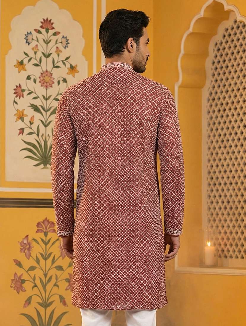 men solid with work mandarin neck long kurta - 22442873 -  Standard Image - 4