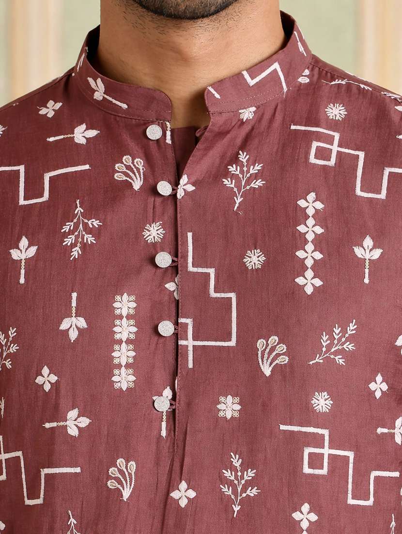 men solid with work mandarin neck long kurta - 22442874 -  Standard Image - 1