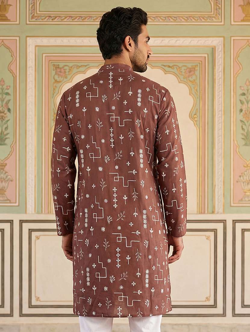 men solid with work mandarin neck long kurta - 22442874 -  Standard Image - 4