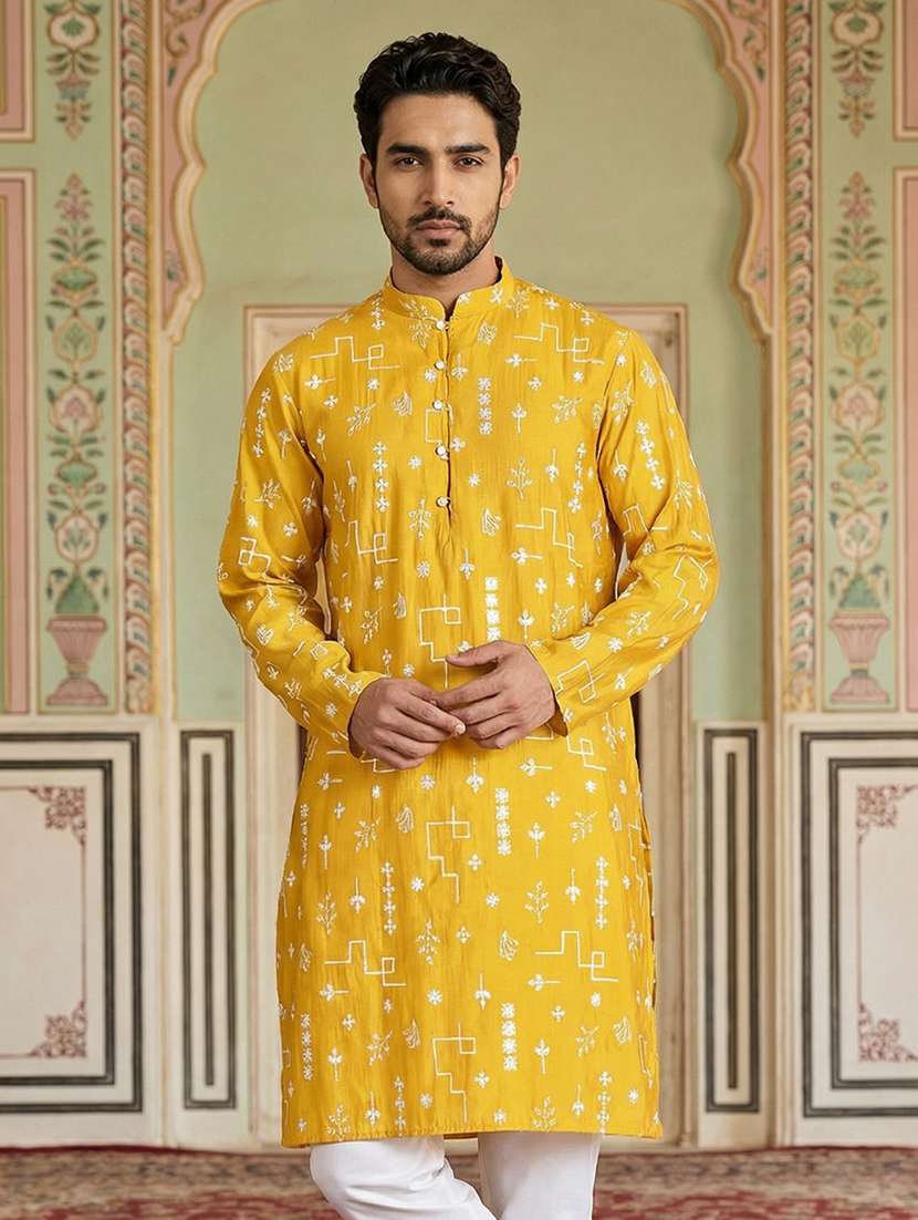 men solid with work mandarin neck long kurta - 22442875 -  Standard Image - 1