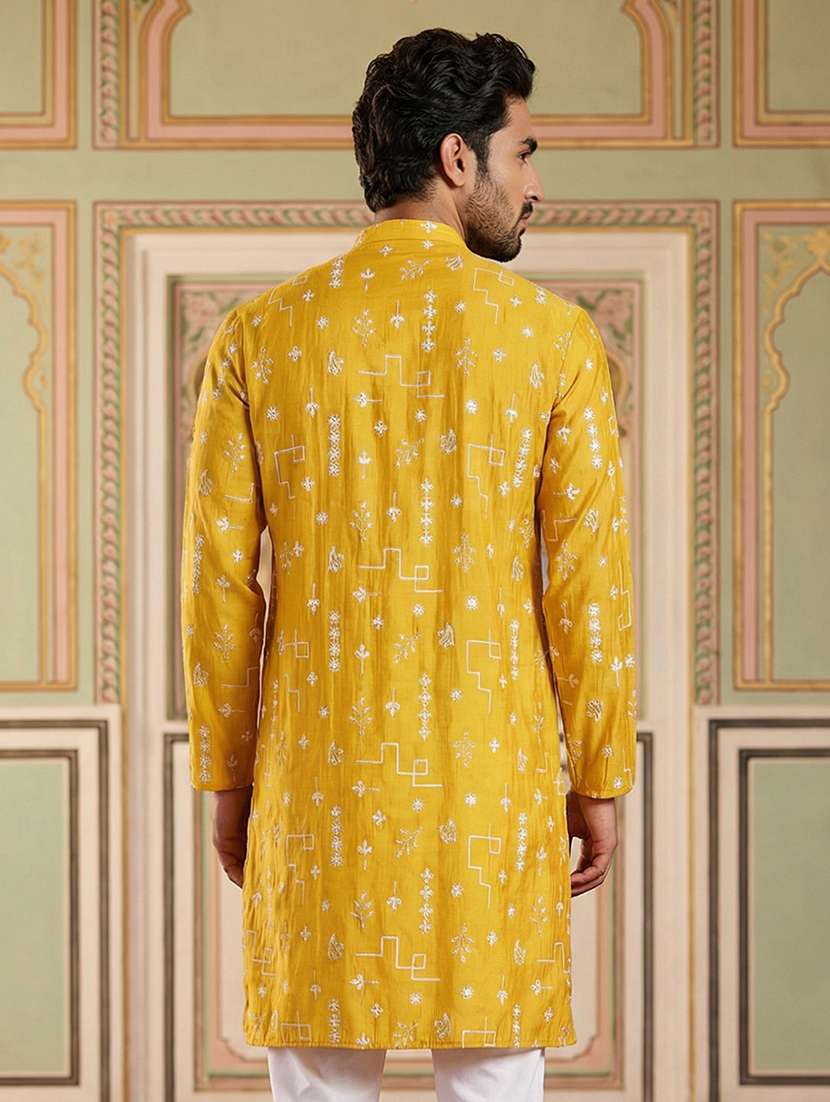 men solid with work mandarin neck long kurta - 22442875 -  Standard Image - 4