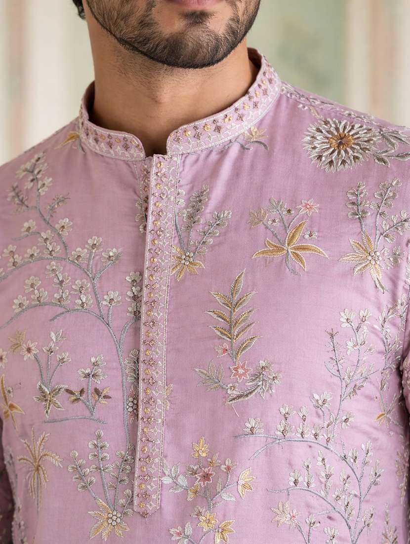 men solid with work mandarin neck long kurta - 22442878 -  Standard Image - 1