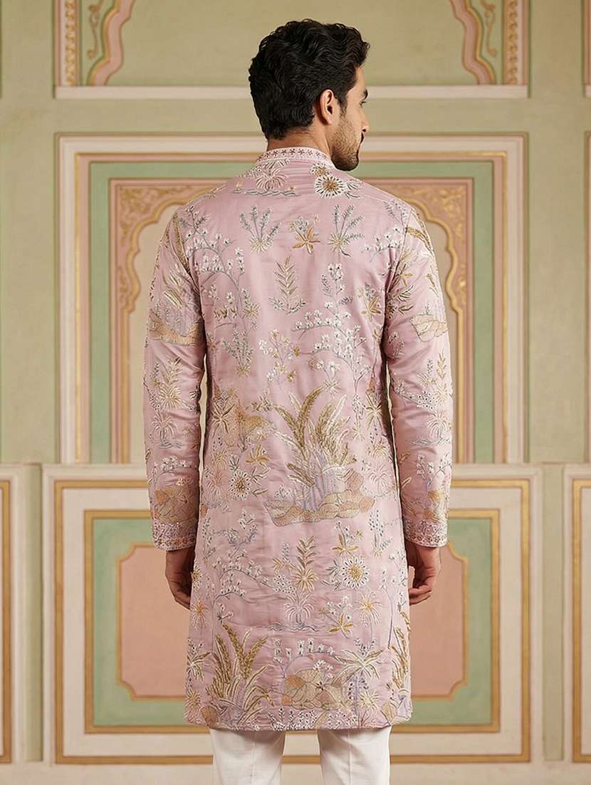 men solid with work mandarin neck long kurta - 22442878 -  Standard Image - 4