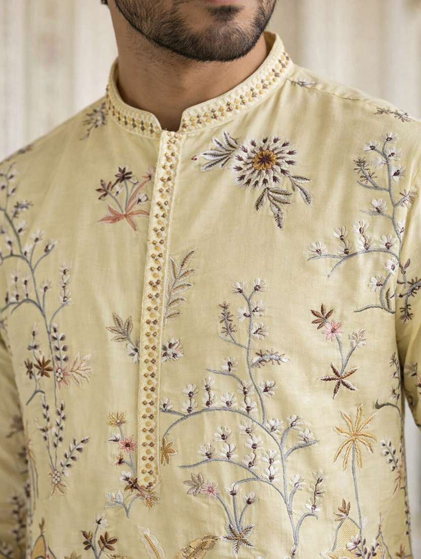 men solid with work mandarin neck long kurta - 22442879 -  Standard Image - 1