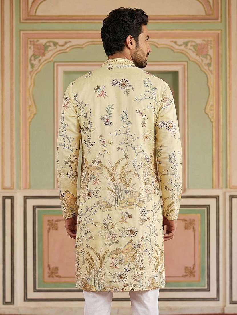 men solid with work mandarin neck long kurta - 22442879 -  Standard Image - 4