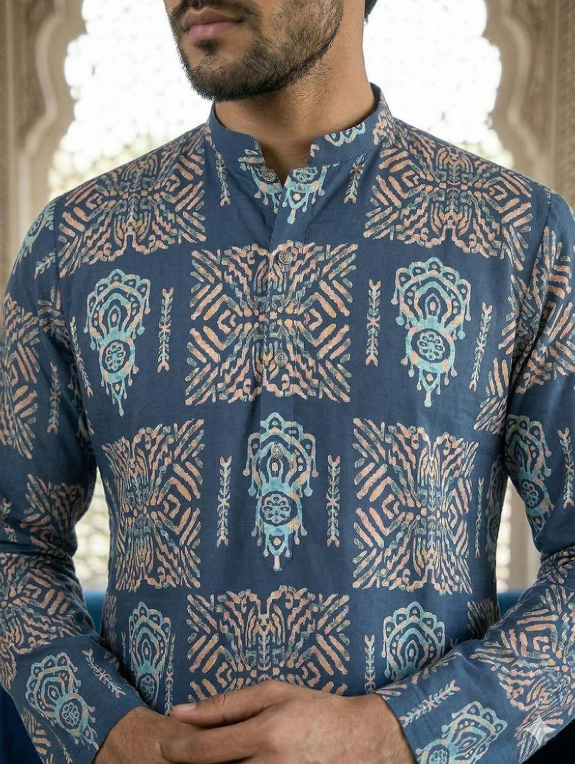men printed mandarin neck long kurta - 22442885 -  Standard Image - 1