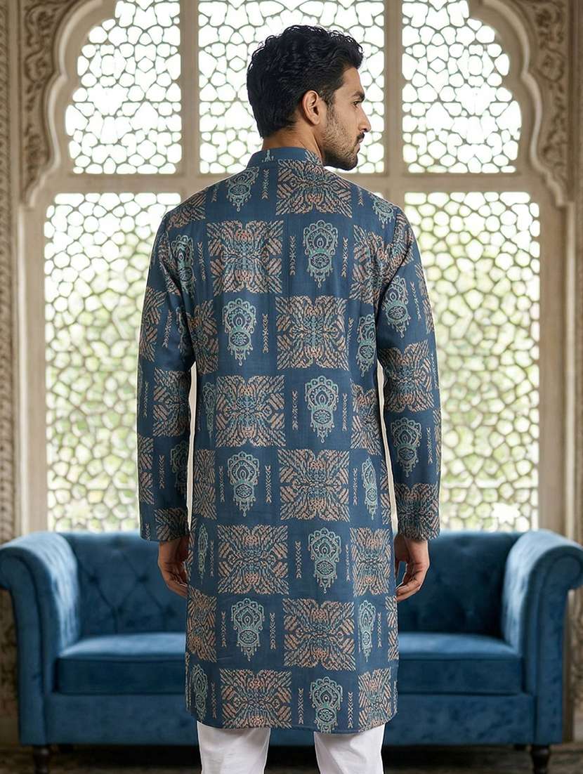 men printed mandarin neck long kurta - 22442885 -  Standard Image - 4