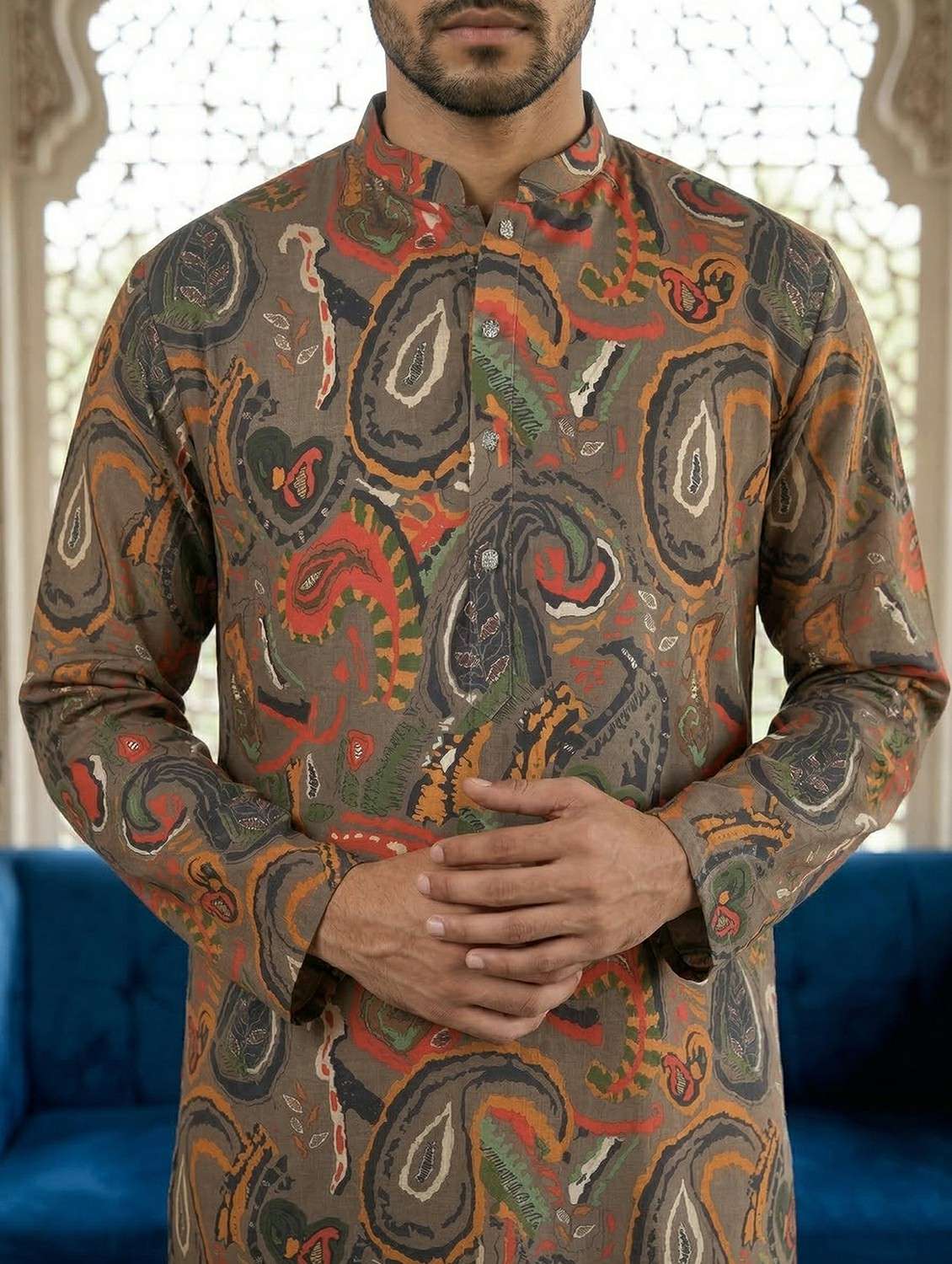 men printed mandarin neck long kurta - 22442886 -  Standard Image - 1
