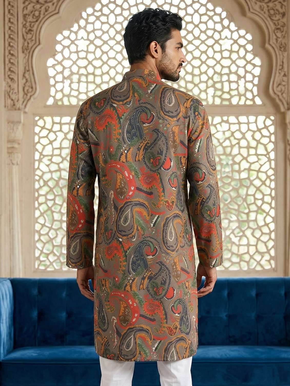 men printed mandarin neck long kurta - 22442886 -  Standard Image - 4