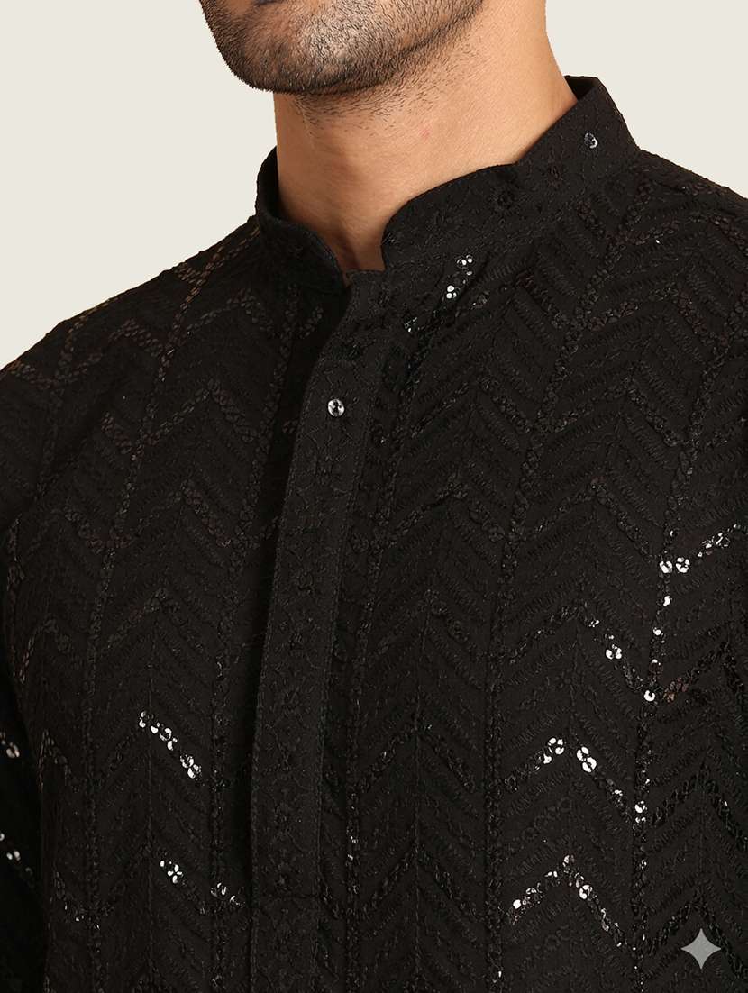men solid with work mandarin neck long kurta - 22442890 -  Standard Image - 1