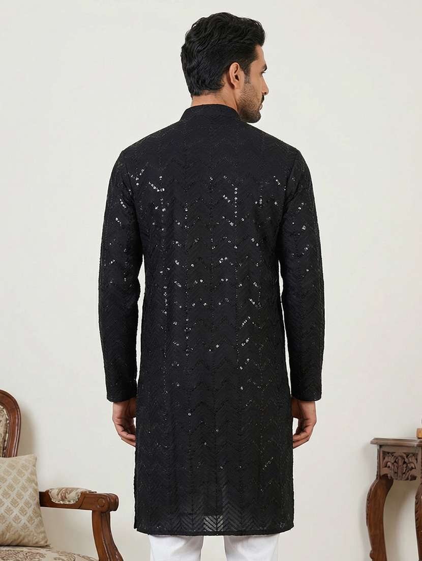 men solid with work mandarin neck long kurta - 22442890 -  Standard Image - 4