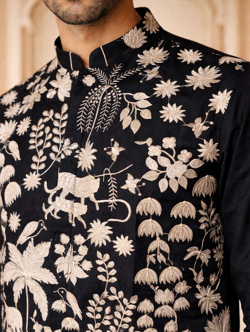 men solid with work mandarin neck long kurta - 22442892 -  Standard Image - 1