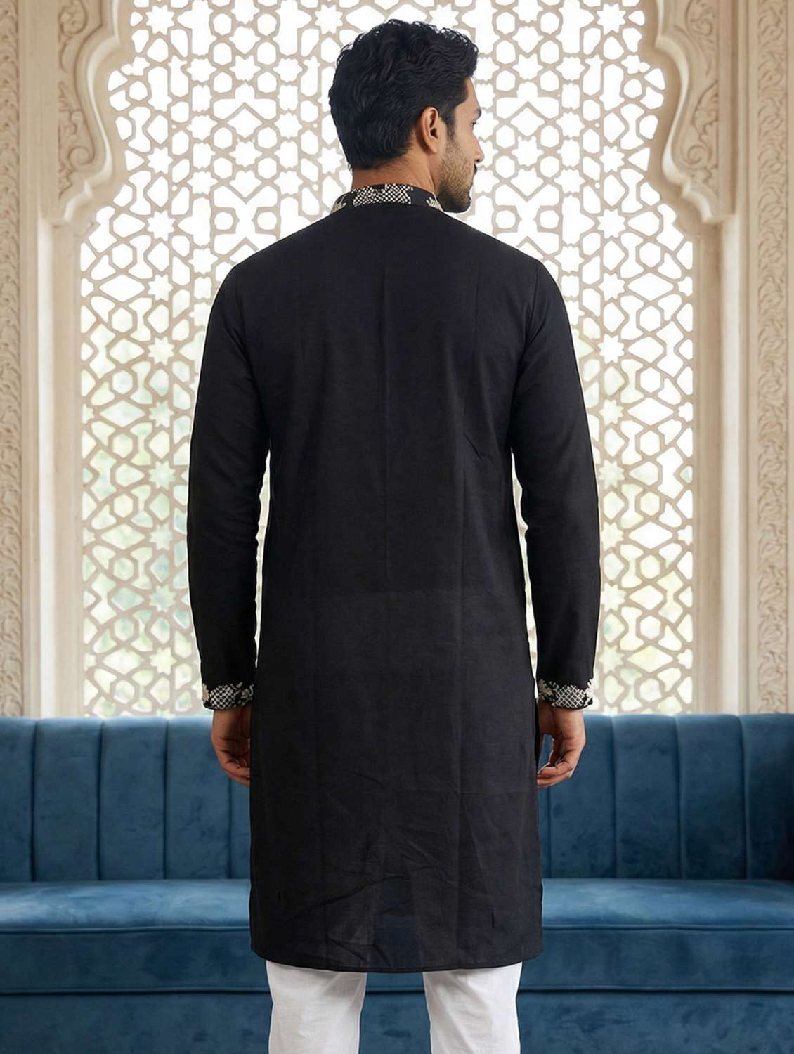 men solid with work mandarin neck long kurta - 22442892 -  Standard Image - 4