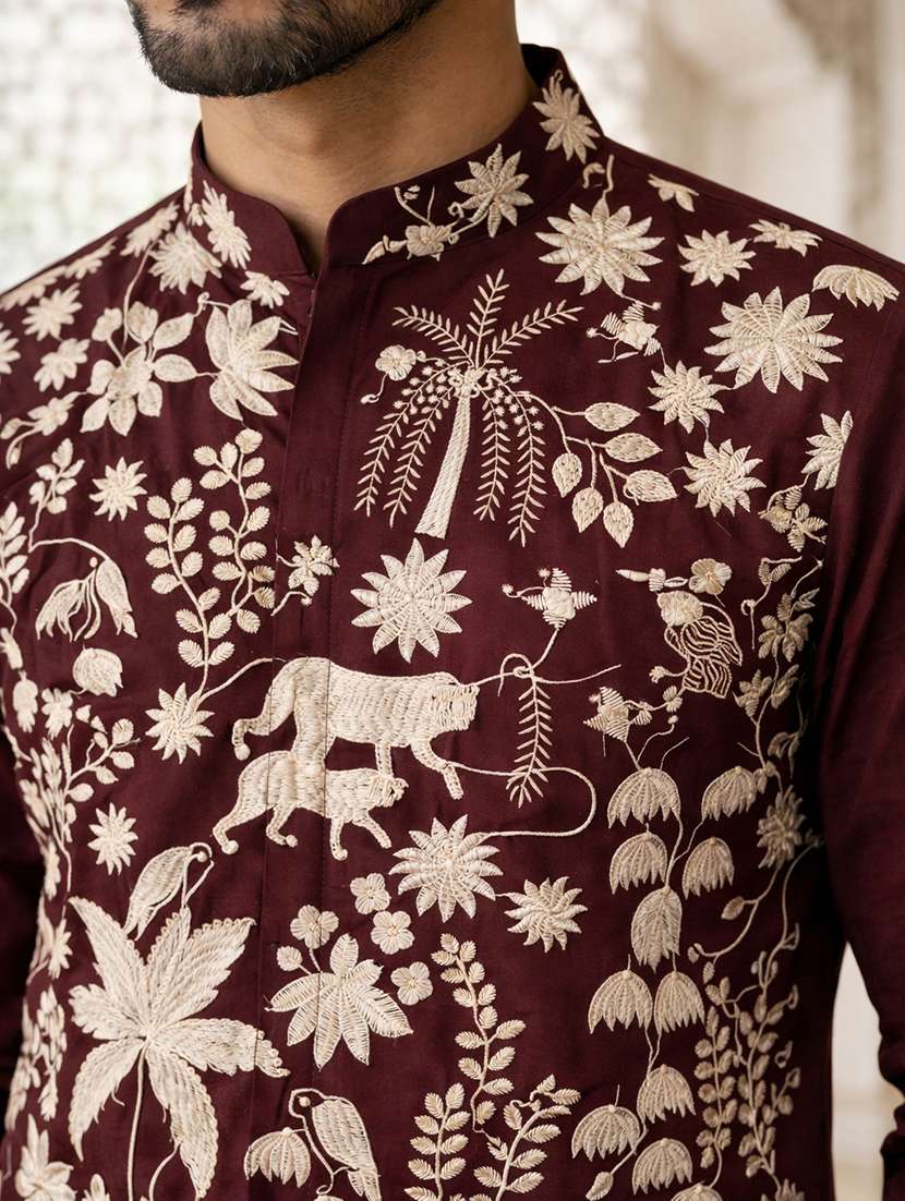 men solid with work mandarin neck long kurta - 22442894 -  Standard Image - 1