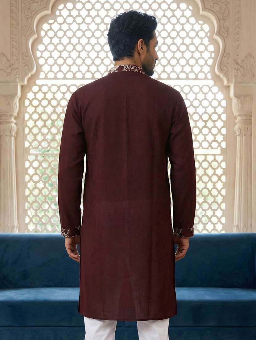 men solid with work mandarin neck long kurta - 22442894 -  Standard Image - 4