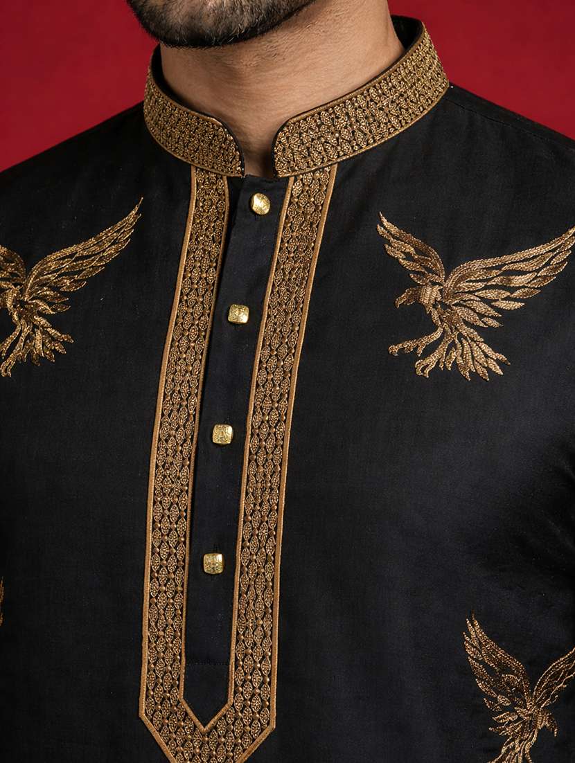 men solid with work mandarin neck long kurta - 22442900 -  Standard Image - 1