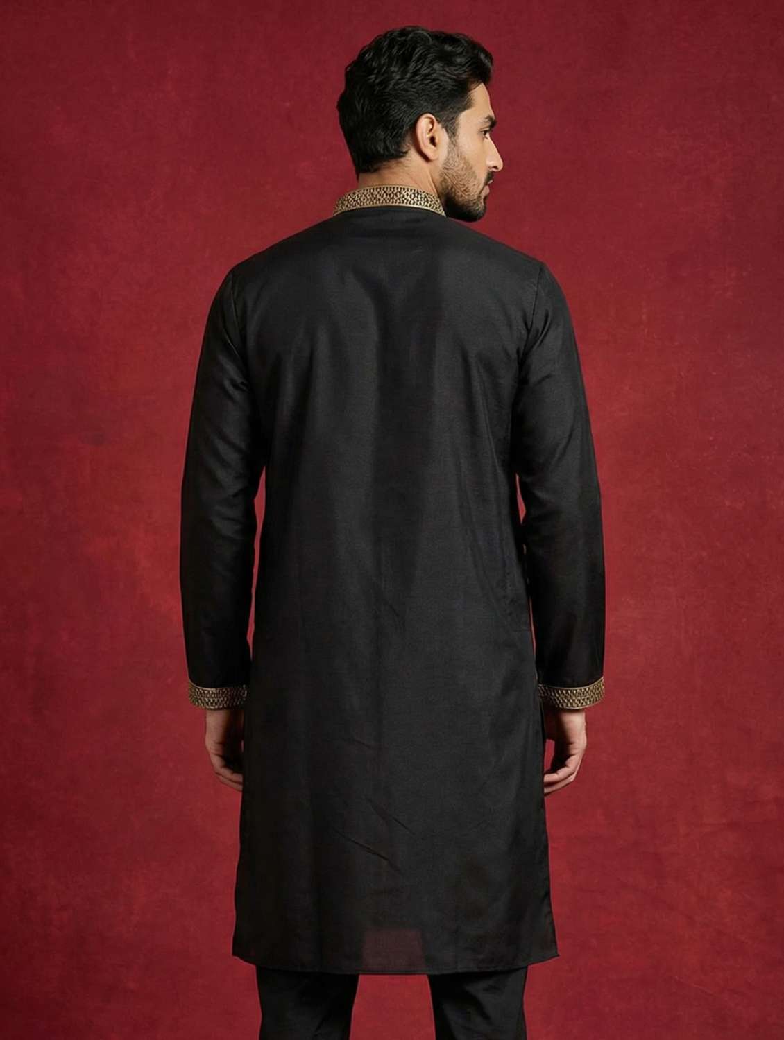 men solid with work mandarin neck long kurta - 22442900 -  Standard Image - 4