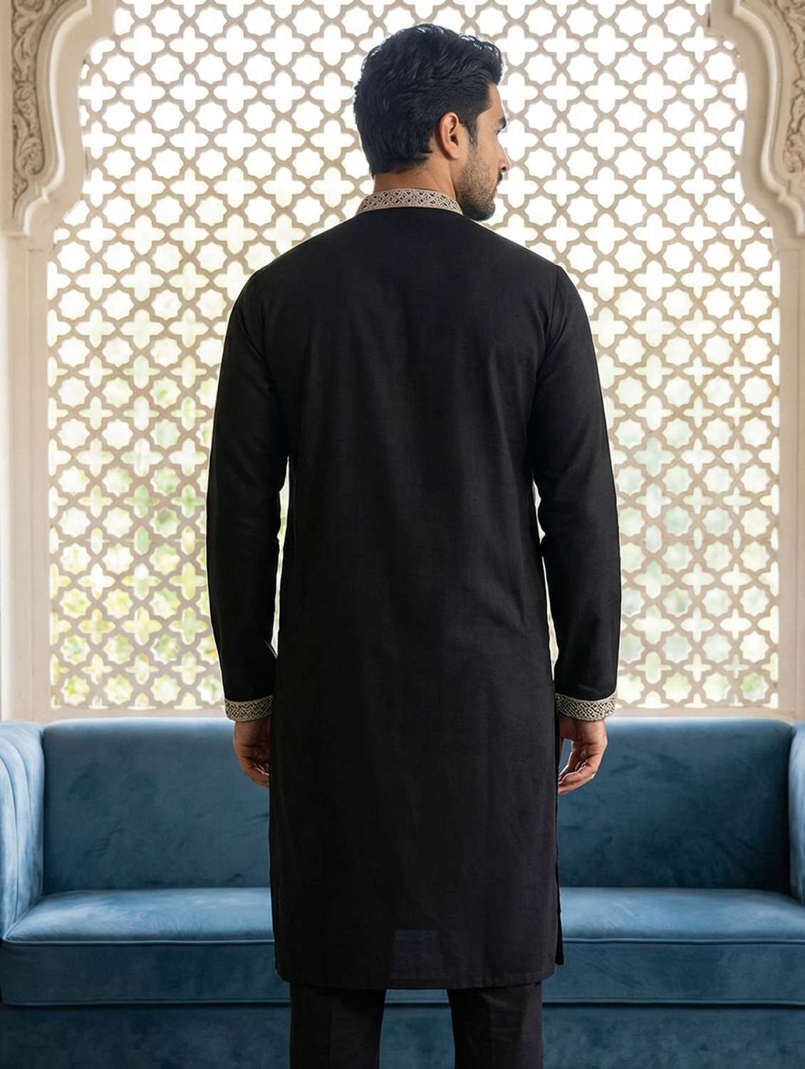 men solid with work mandarin neck long kurta - 22442902 -  Standard Image - 4