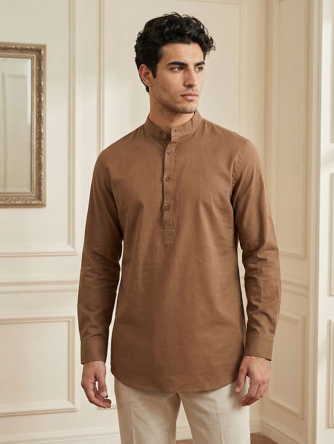 men solid mandarin neck short kurta