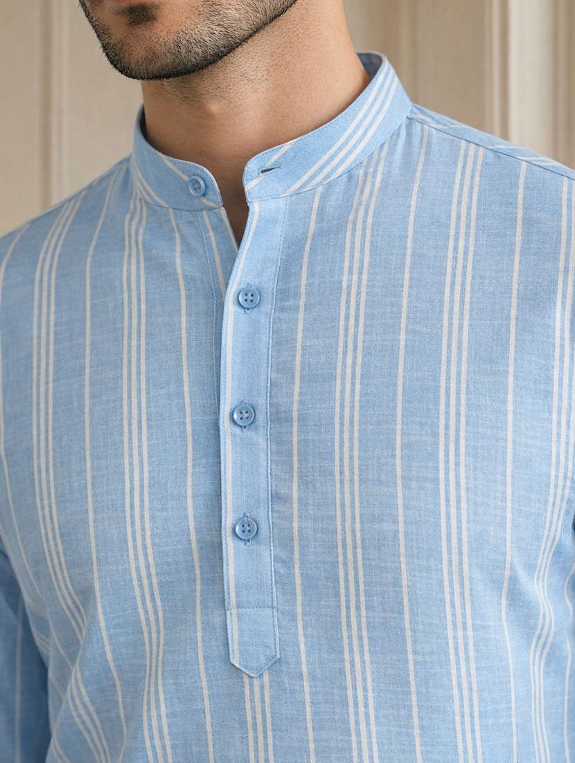 men striped mandarin neck short kurta - 22442915 -  Standard Image - 1