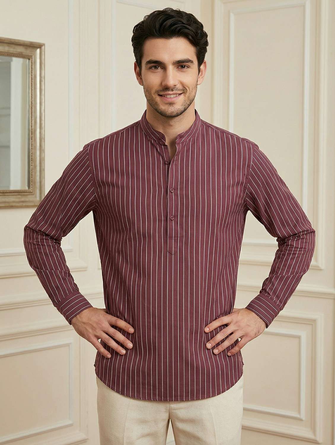 men striped mandarin neck short kurta