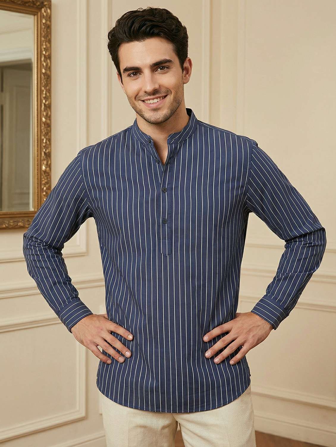 men striped mandarin neck short kurta