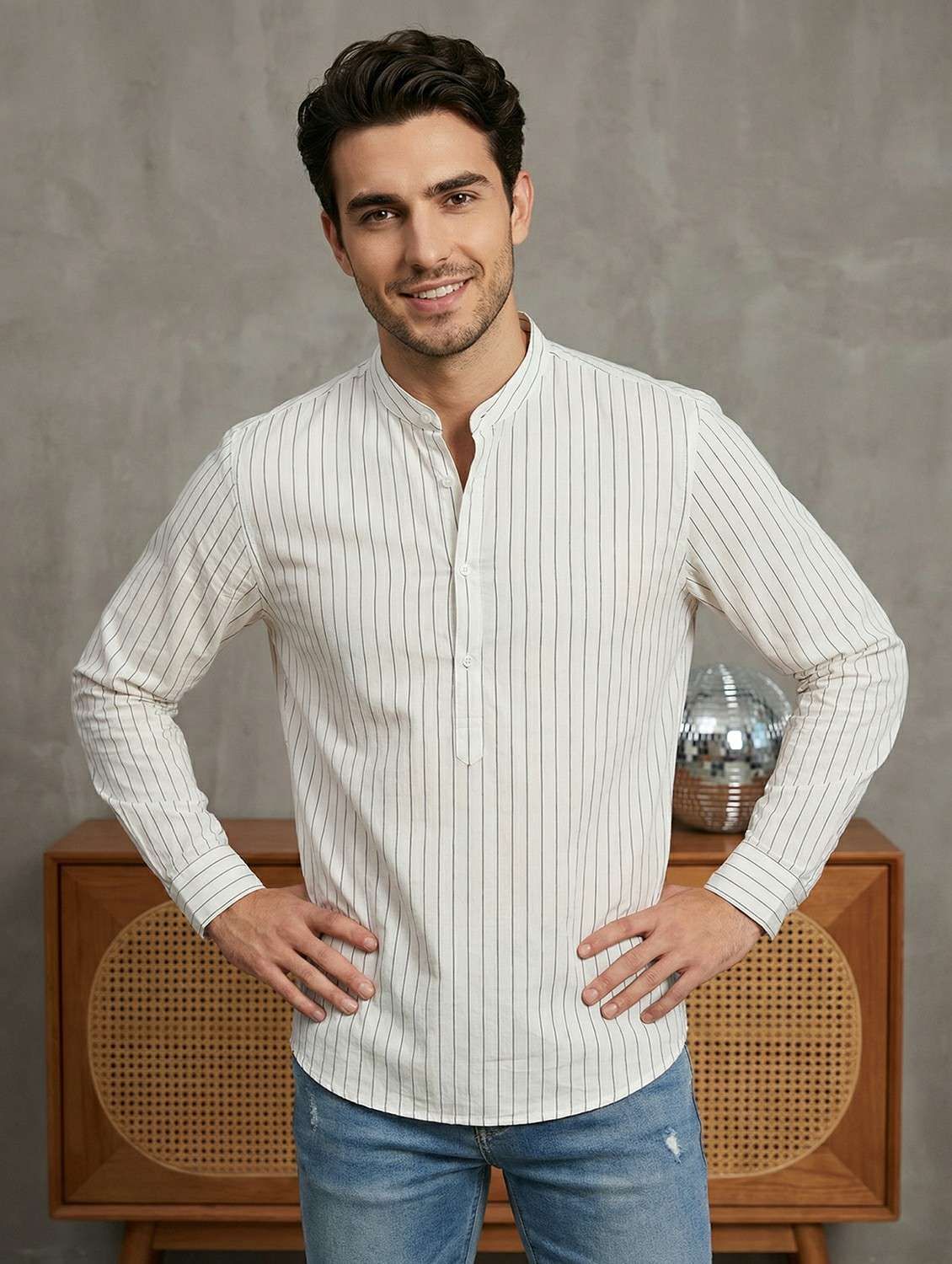 men striped mandarin neck short kurta