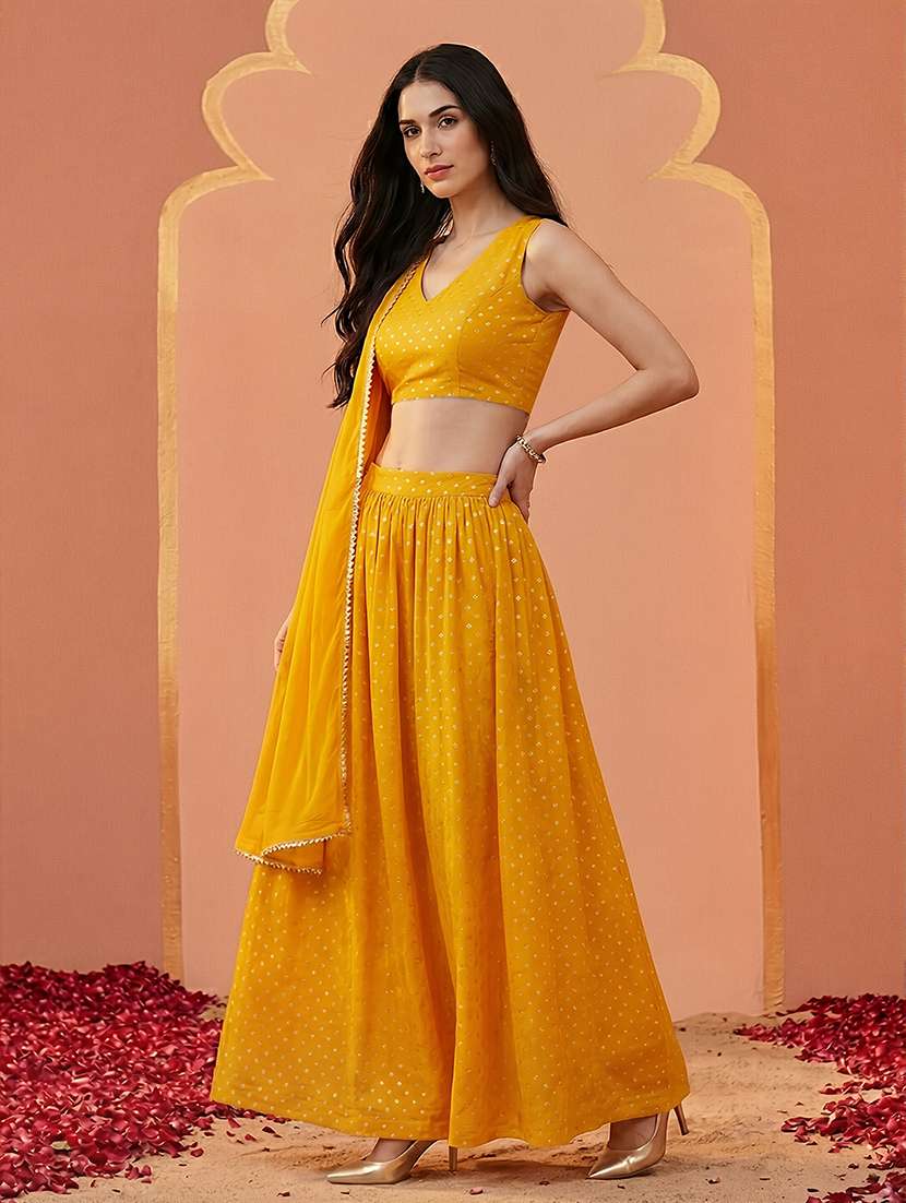 women mustard flared lehenga