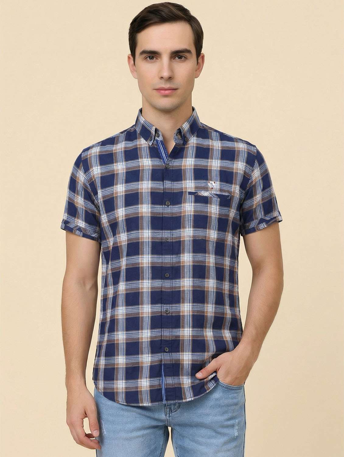 men checkered short sleeve slim fit casual shirt
