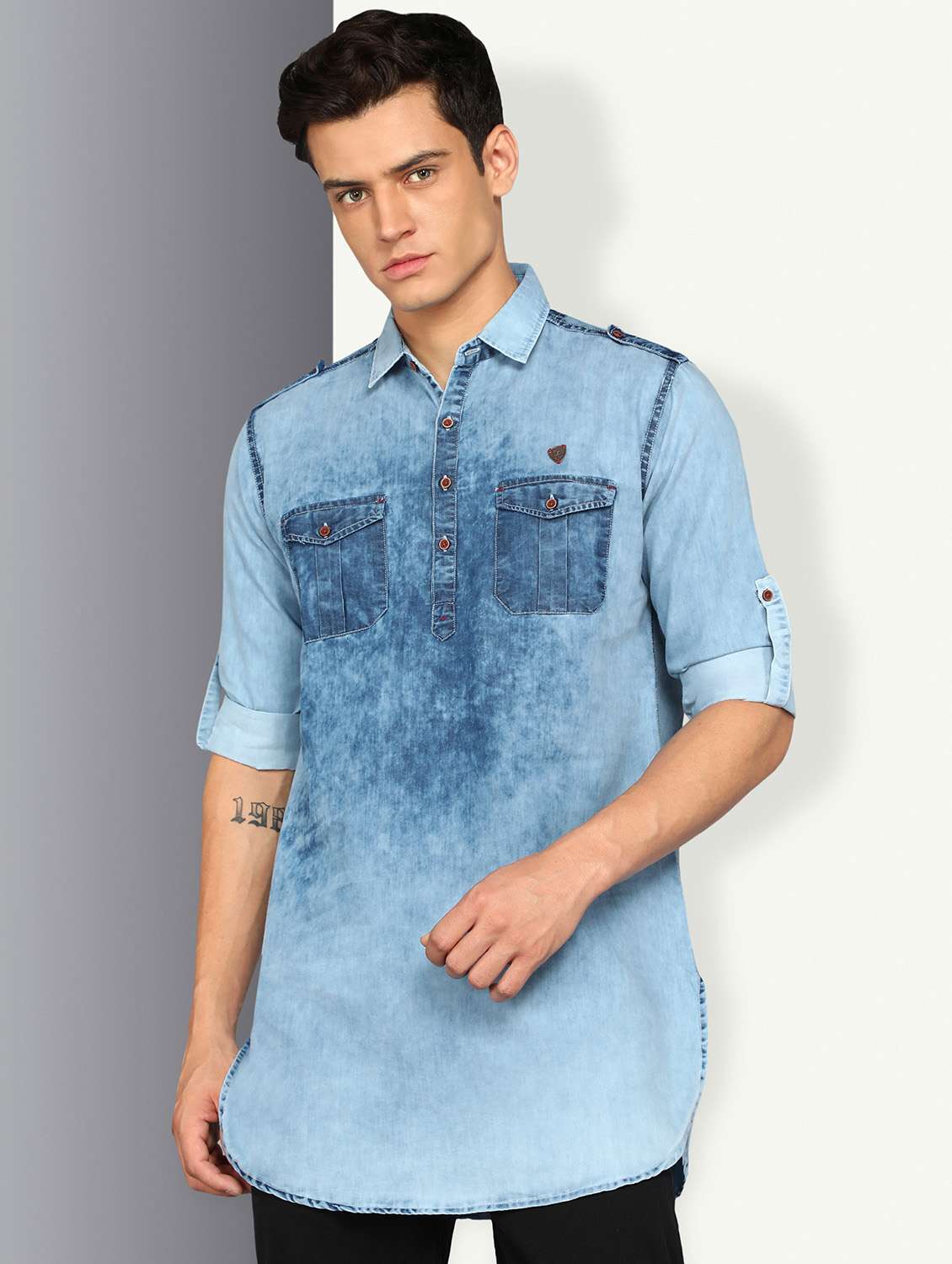 men solid long sleeve pathani kurta