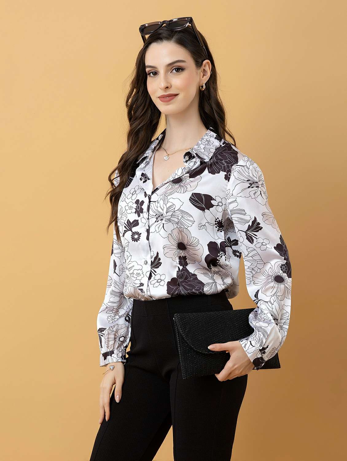women printed collared long sleeve shirt