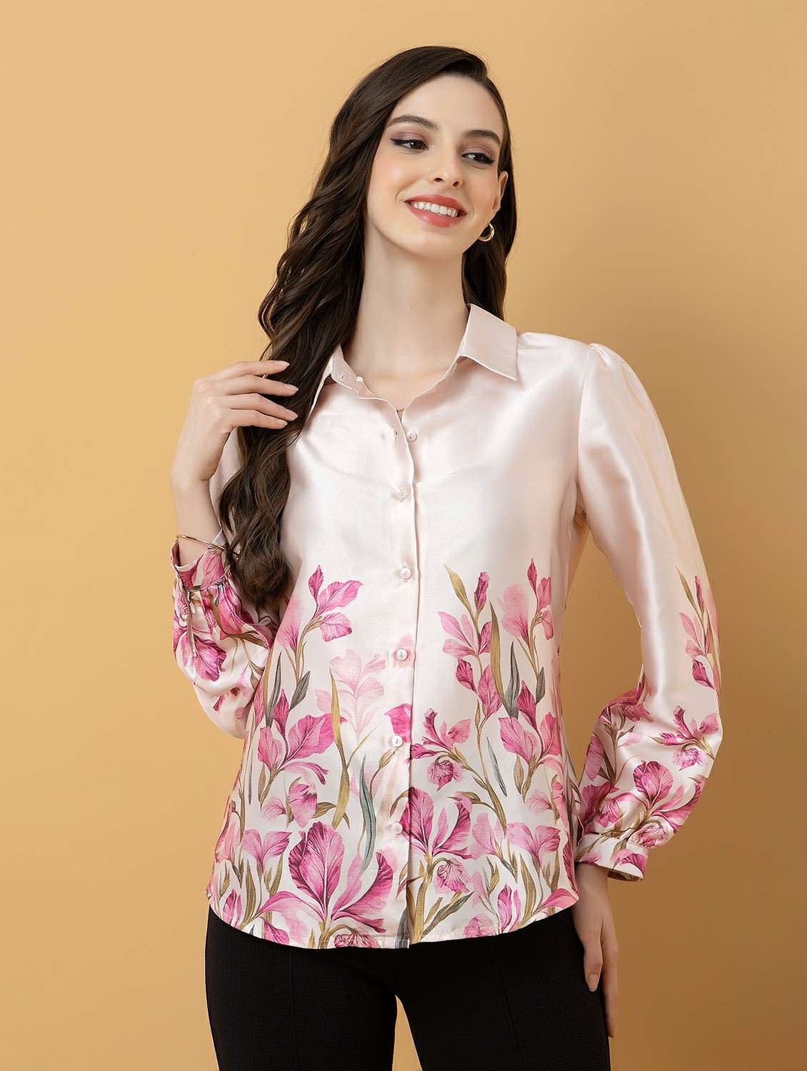 women printed collared long sleeve shirt