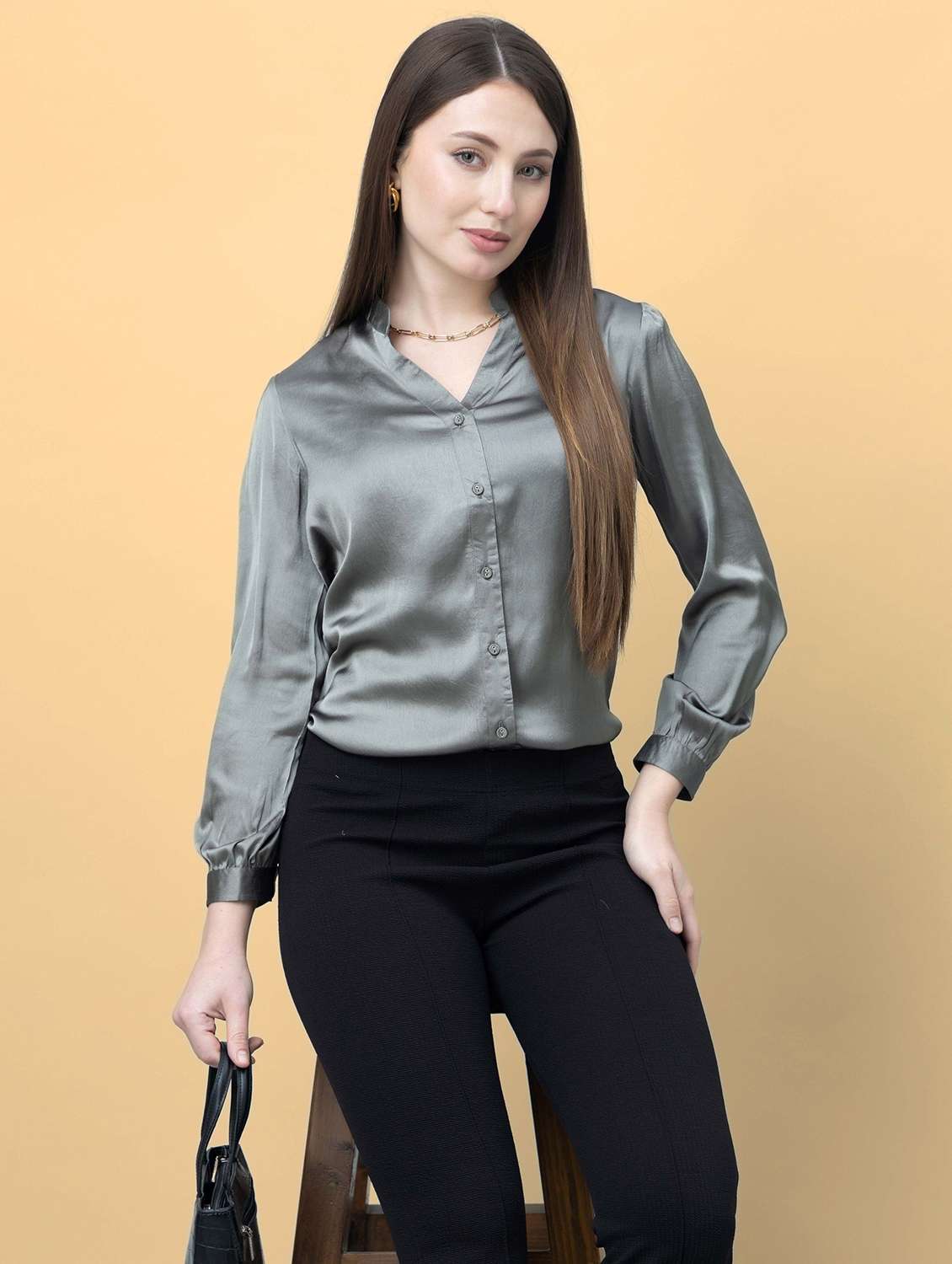 women solid grey satin regular shirt