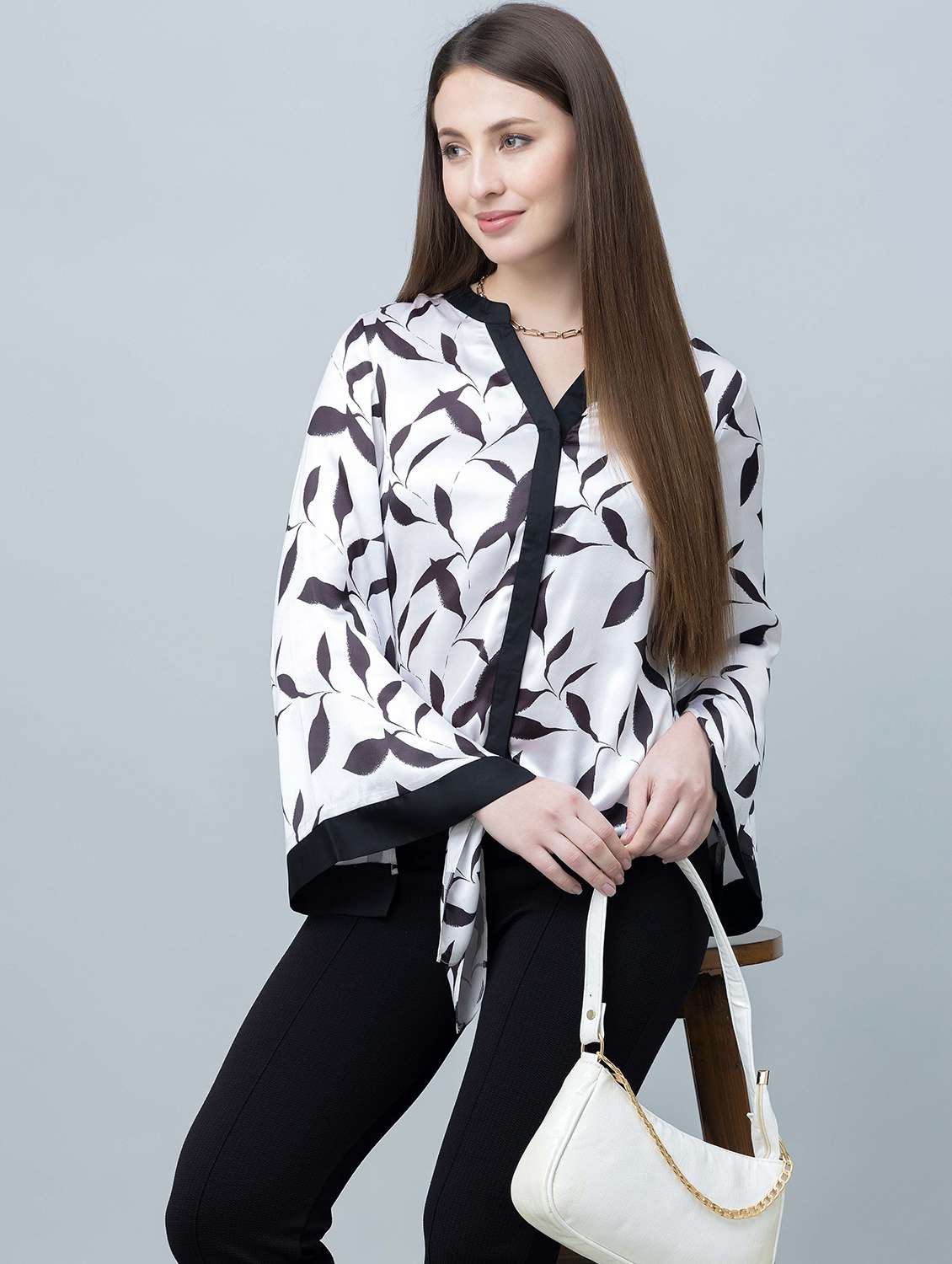 women printed white satin regular shirt