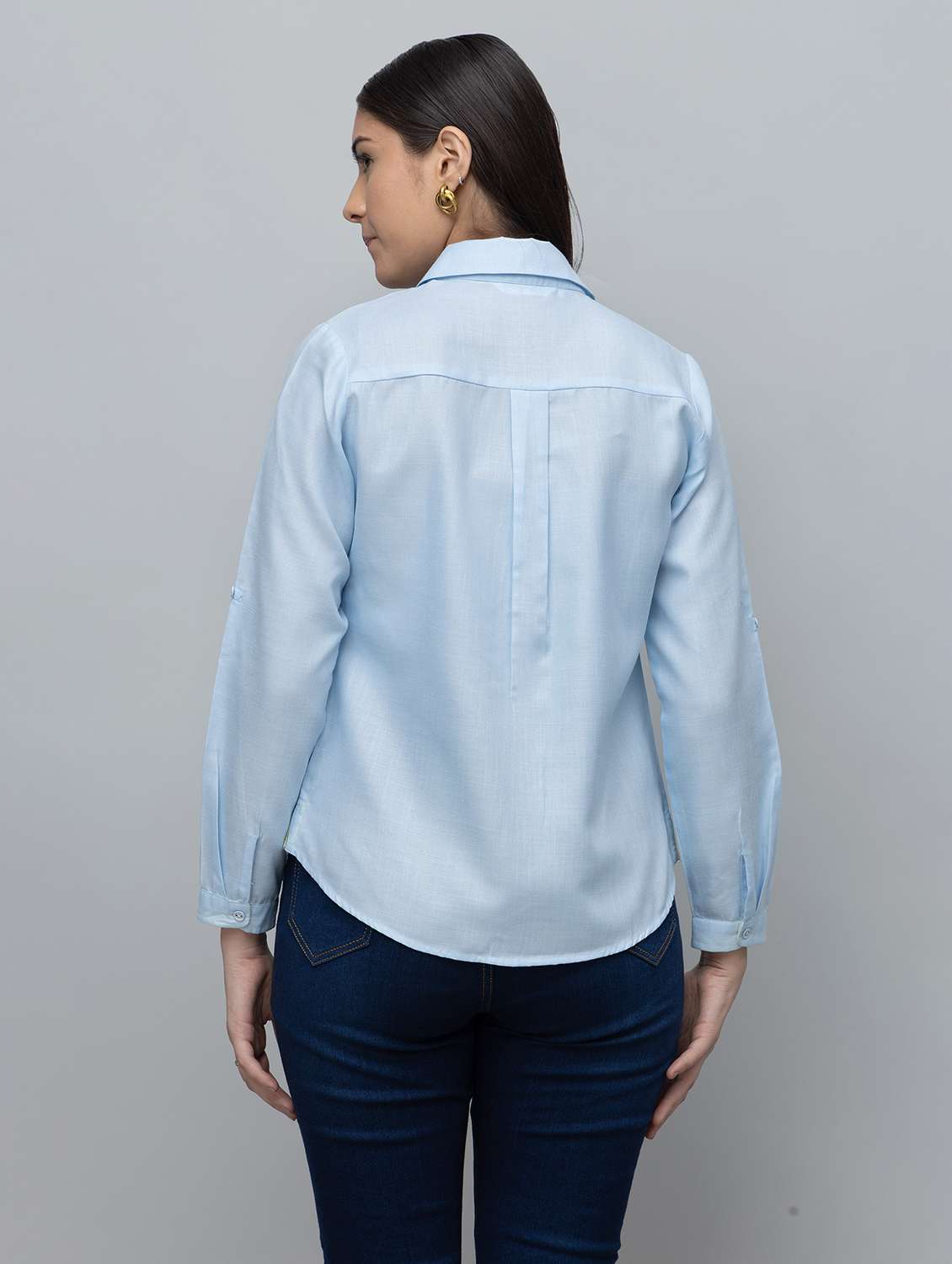 Women Solid Blue Linen Blend Regular Shirt - 22443511 -  Standard Image - 4