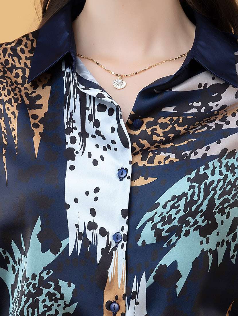 women printed collared long sleeve sheer shirt - 22443520 -  Standard Image - 1