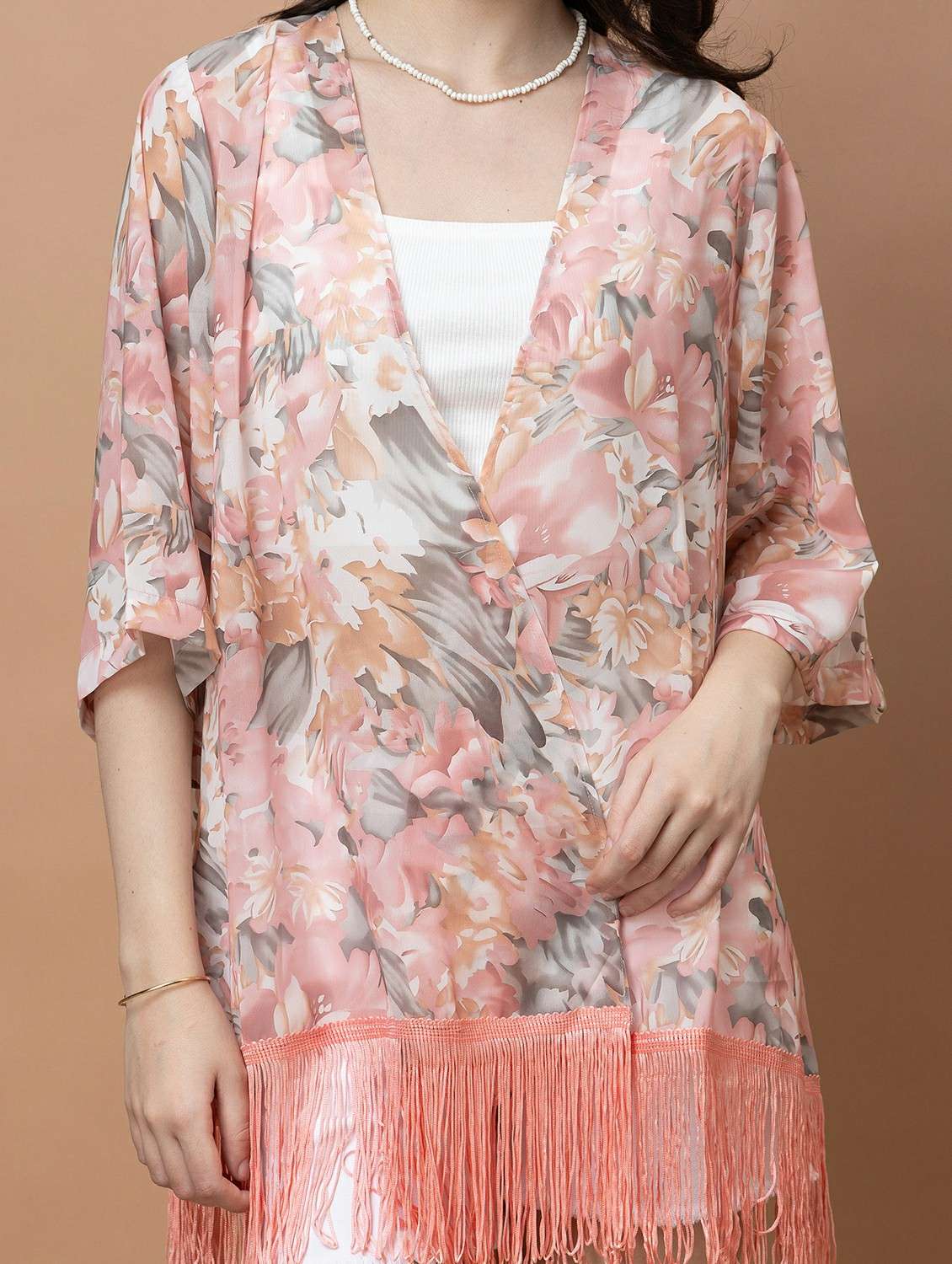 women printed three quarter sleeve sheer shrug - 22443540 -  Standard Image - 1