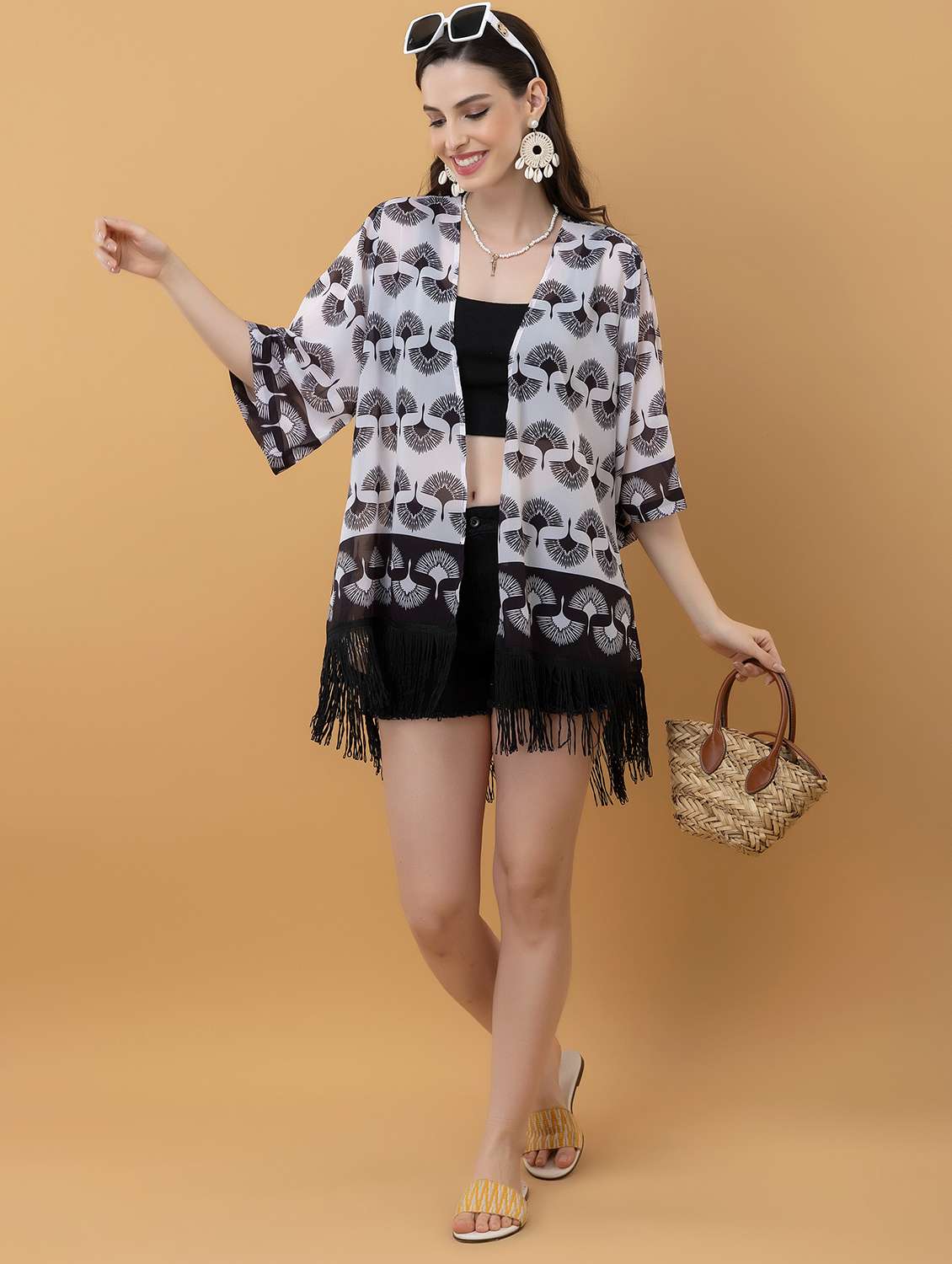 Women Printed Three Quarter Sleeve Shrug - 22443548 -  Standard Image - 6