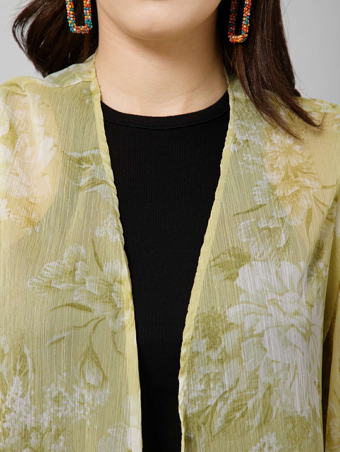 women printed three quarter sleeve sheer shrug - 22443555 -  Standard Image - 1
