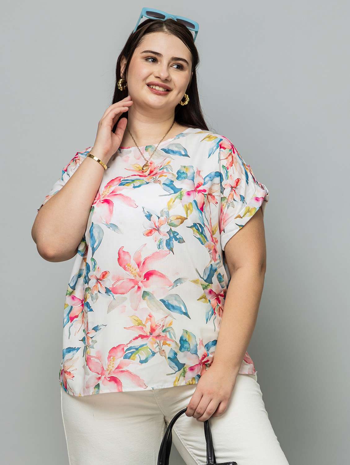 women floral white rayon regular top